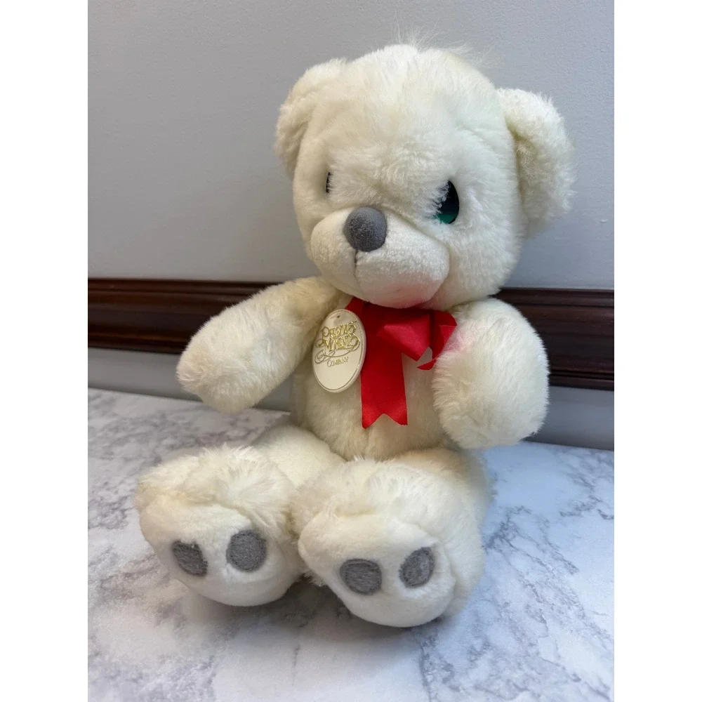 Precious Moments White Teddy Bear Plush Red Ribbon Teal Eyes Vintage Collectible